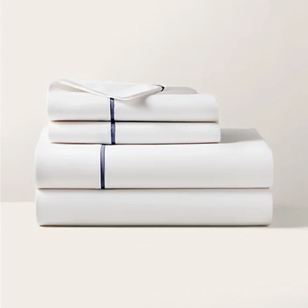 Ralph Lauren New Palmer Percale Organic Cotton‎ Navy Trim King Flat Sheet